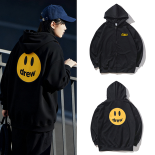Drew比伯同款笑脸印花宽松连帽卫衣秋冬情侣休闲纯棉薄款拉链外套