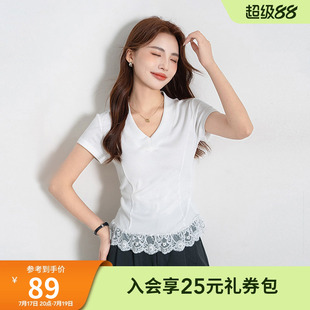 热风夏季弹力亲肤气质抽褶收腰显瘦T恤女款减龄拼接蕾丝百搭短袖