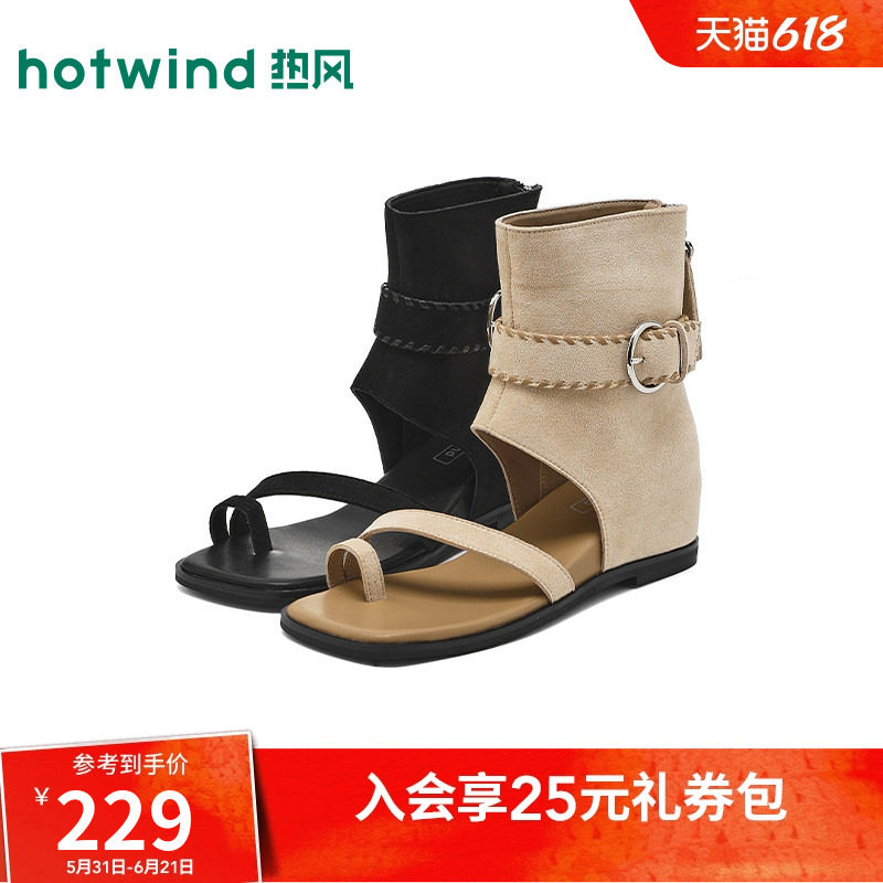 热风复古绒面时尚轻便凉靴女一字带露趾隐形增高女靴罗马凉鞋