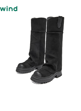 热风黑色长筒靴女鞋2025年冬季新款粗跟高筒时装靴户外百搭靴子女
