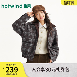 热风女士夹克外套上衣2025年冬季 复古翻领格纹棉服大口袋外套 新款
