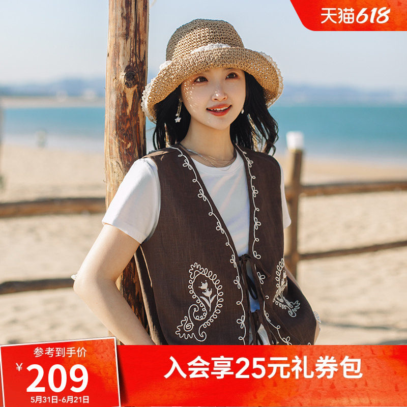 热风2026年夏季新款女士腰果花无袖马甲度假风森系苎麻叠穿马甲