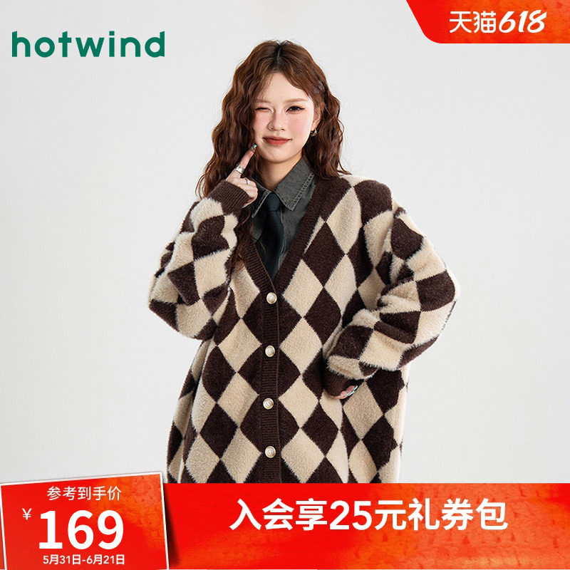 热风女士外套上衣棋盘格复古学院风V领针织开衫时尚休闲毛衣外套