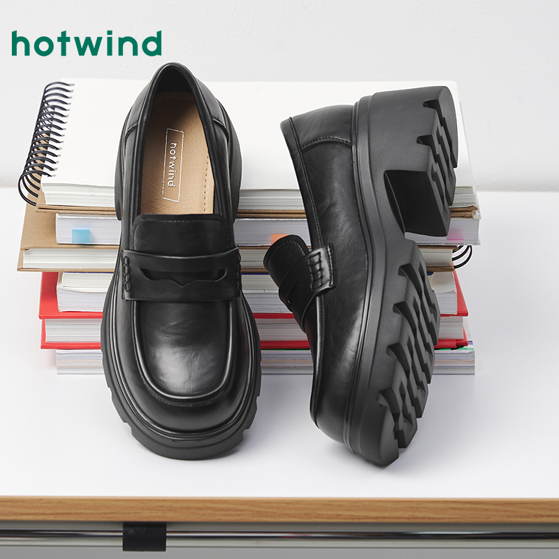 热风厚底乐福鞋黑色小皮鞋