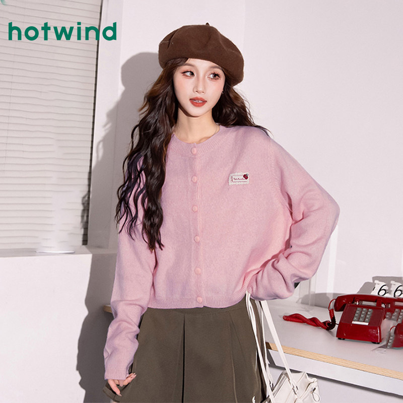 热风女士秋冬新款针织开衫山羊绒亲肤温柔千金风简约毛衣外套