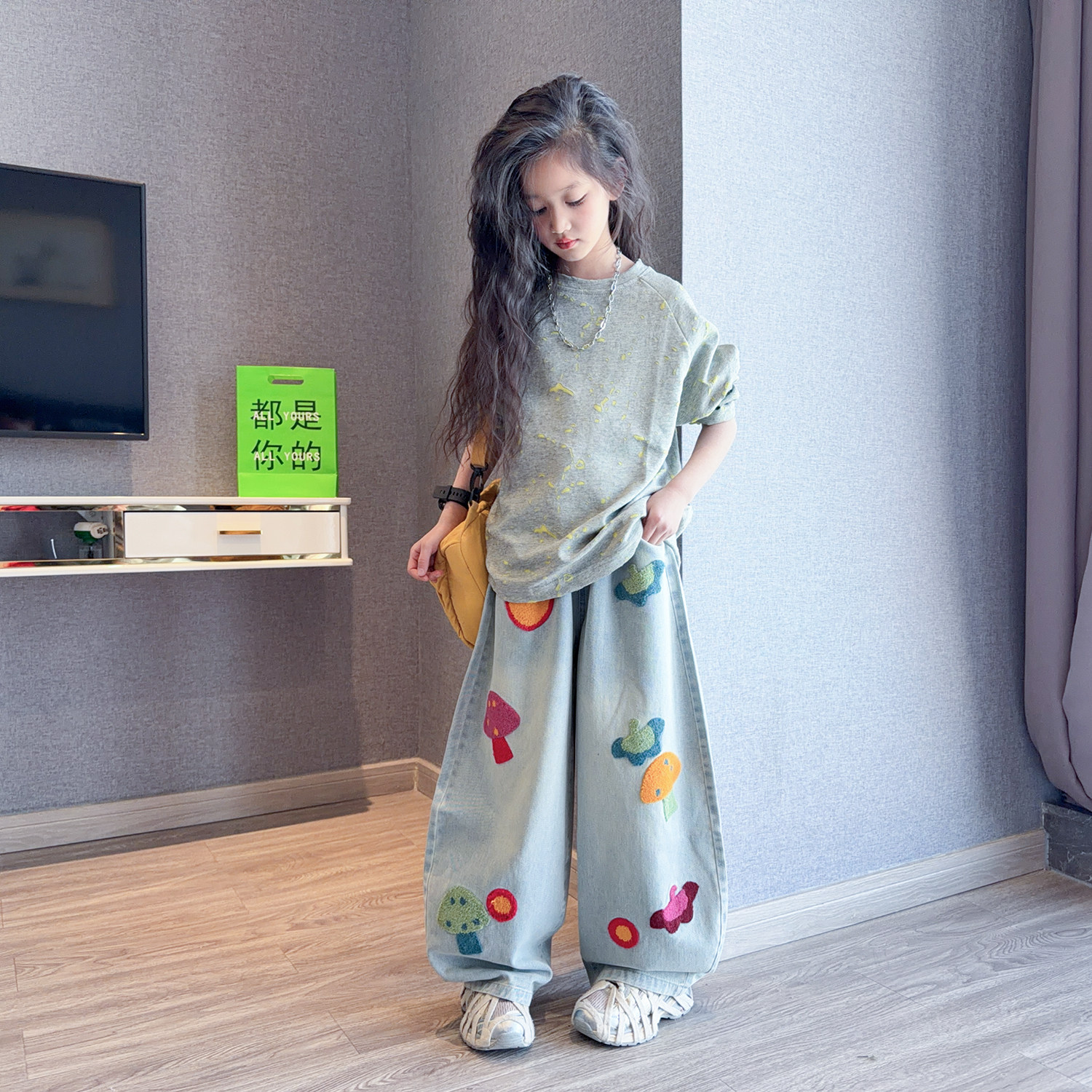 女童休闲套装春秋2026新款洋气女孩长袖上衣宽松阔腿牛仔裤两件套,童装/婴儿装/亲子装,套装,淘宝优惠券,粉丝福利购,淘宝优惠卷