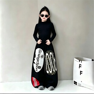 女童秋装潮酷套装女孩复古迷彩贴布休闲卫裤儿童嘻哈街舞阔腿裤