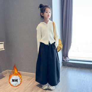 女童针织连帽毛衣外套2026新款 时髦两件套 洋气女孩宽松休闲九分裤