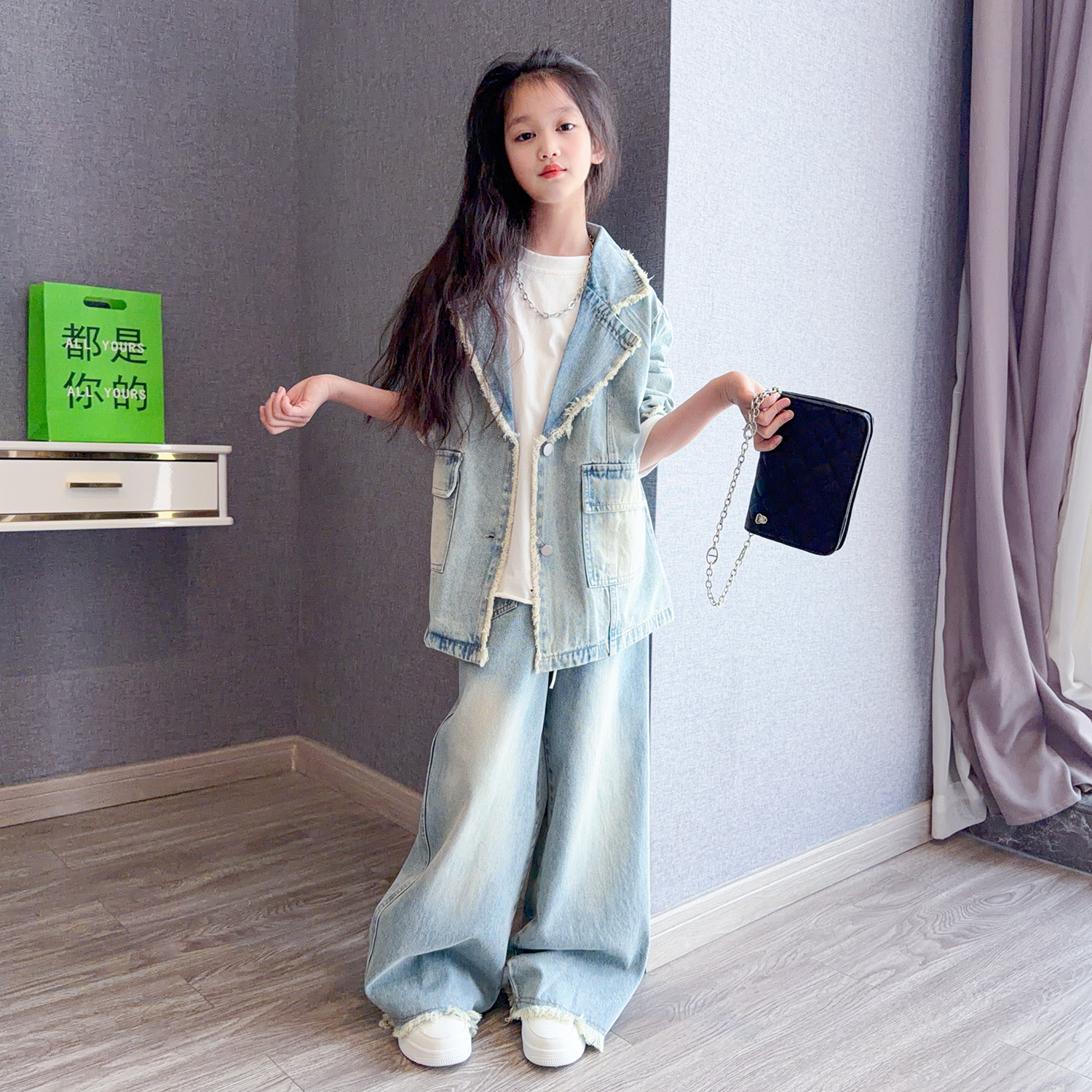 女大童港风牛仔套装2026春装新款儿童西装外套女孩阔腿裤两件套,童装/婴儿装/亲子装,套装,淘宝优惠券,粉丝福利购,淘宝优惠卷