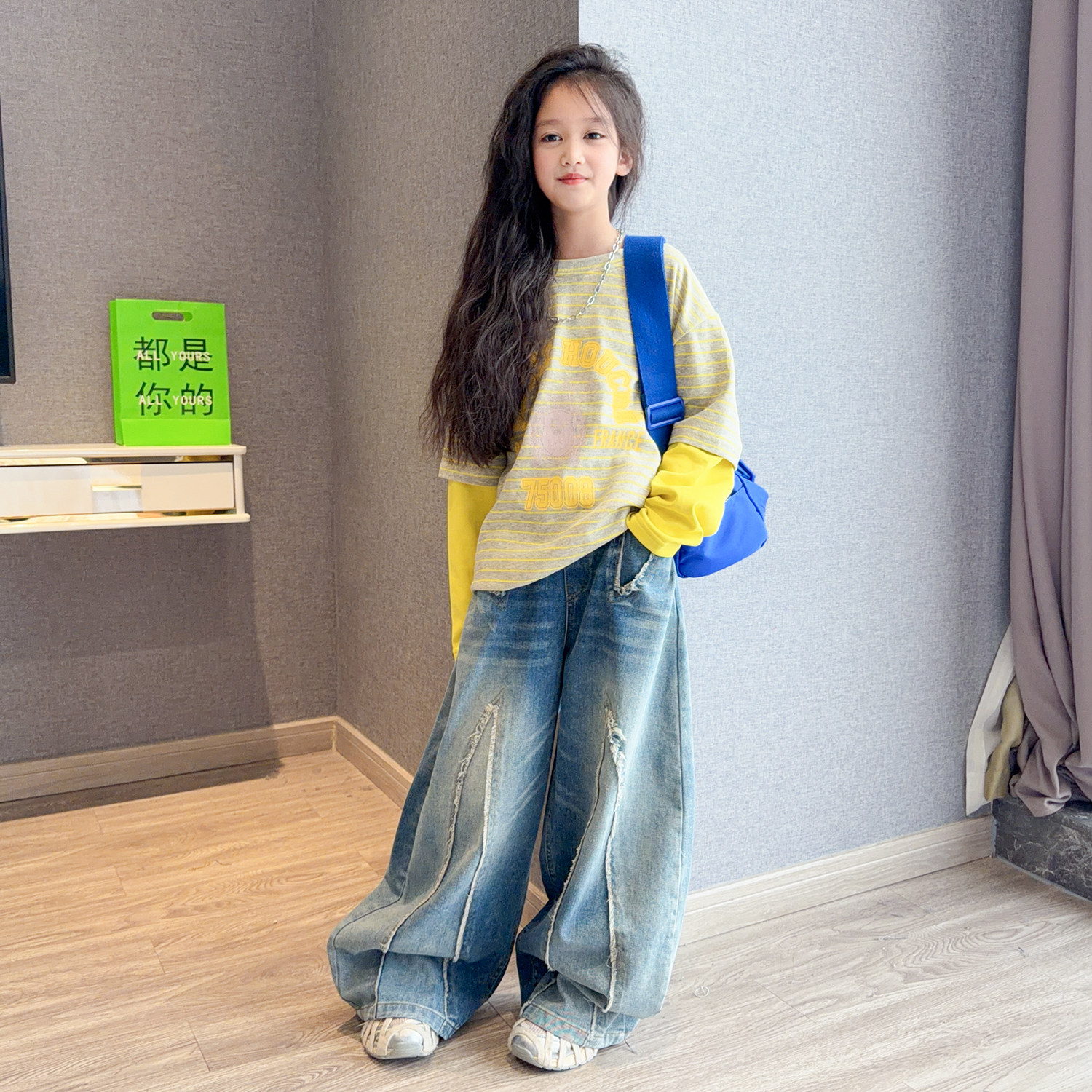 女童2026春装新款洋气女孩假两件宽松卫衣大童休闲牛仔阔腿裤套装,童装/婴儿装/亲子装,套装,淘宝优惠券,粉丝福利购,淘宝优惠卷