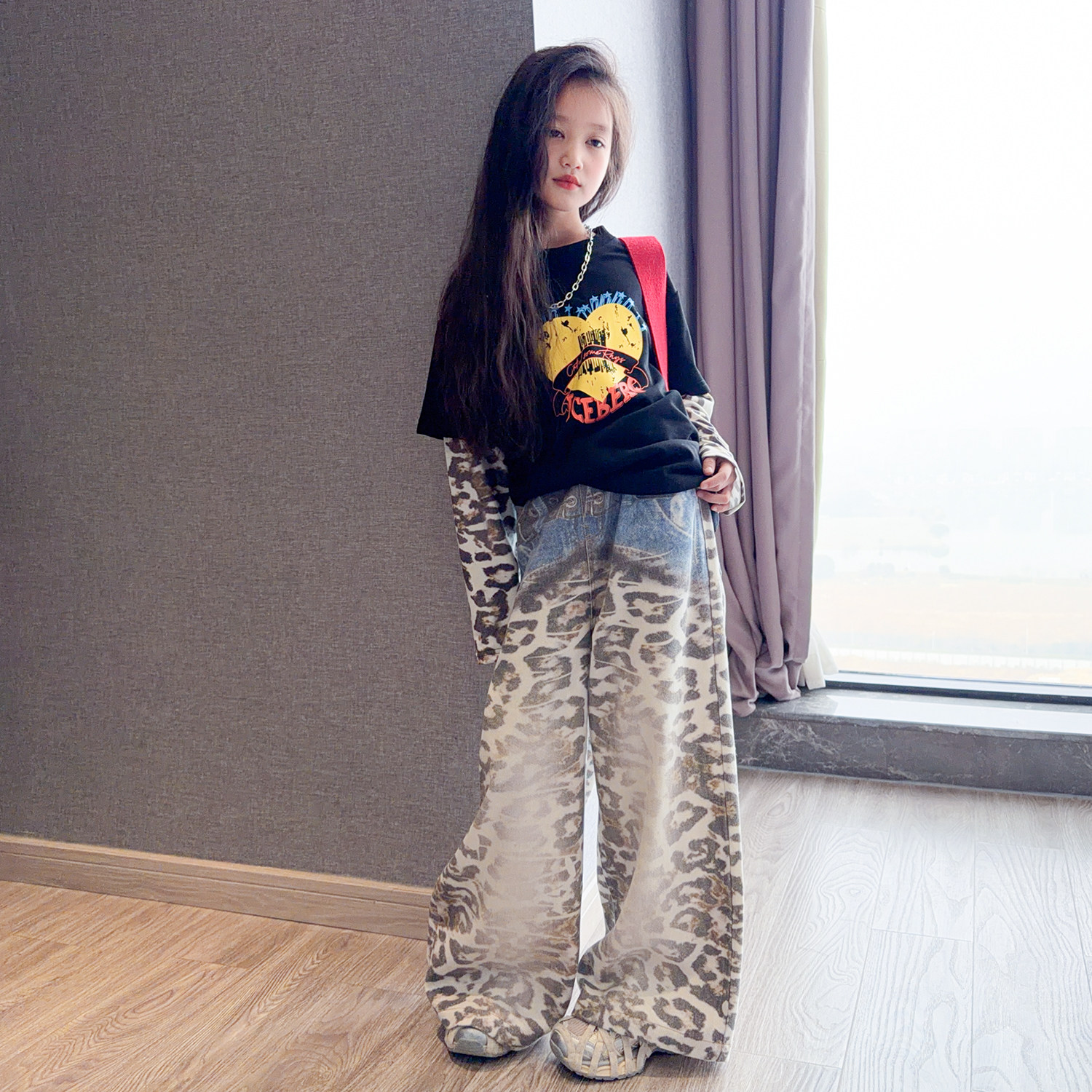 女童街舞服套装春装2026新款洋气女孩假两件豹纹上衣宽松阔腿裤潮,童装/婴儿装/亲子装,套装,淘宝优惠券,粉丝福利购,淘宝优惠卷