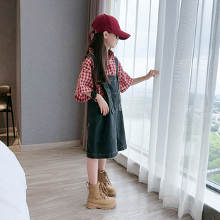 女童套装2025新款夏季短袖格子衬衫洋气女孩休闲牛仔背带裤两件套