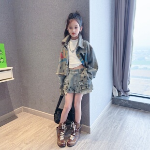 女童辣妹牛仔短裤套装2026新款儿童装复古洋气女孩街舞爵士舞潮服