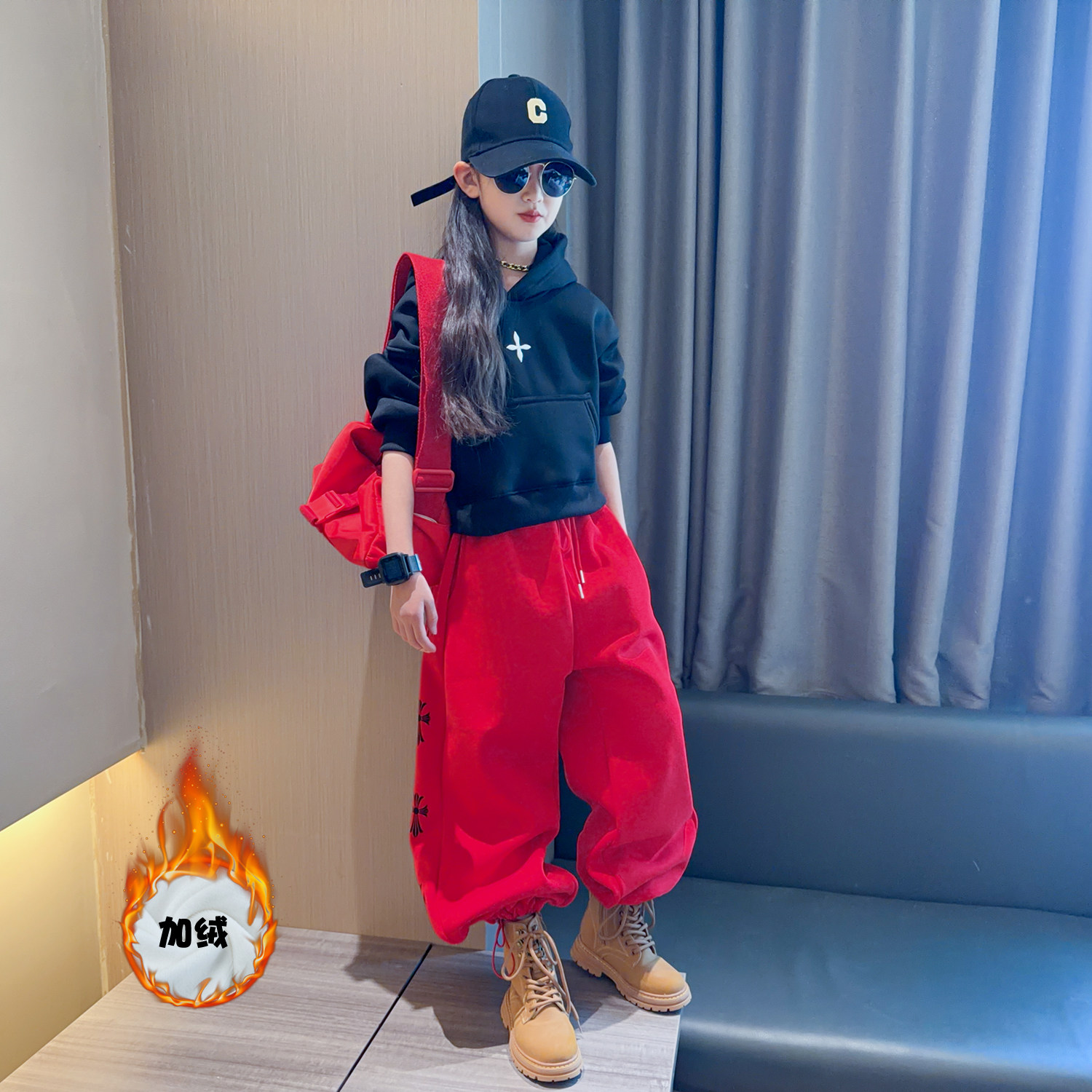 女童爵士舞服冬款大儿童加绒潮酷穿搭连帽卫衣女孩冬季街舞走秀服,童装/婴儿装/亲子装,套装,淘宝优惠券,粉丝福利购,淘宝优惠卷