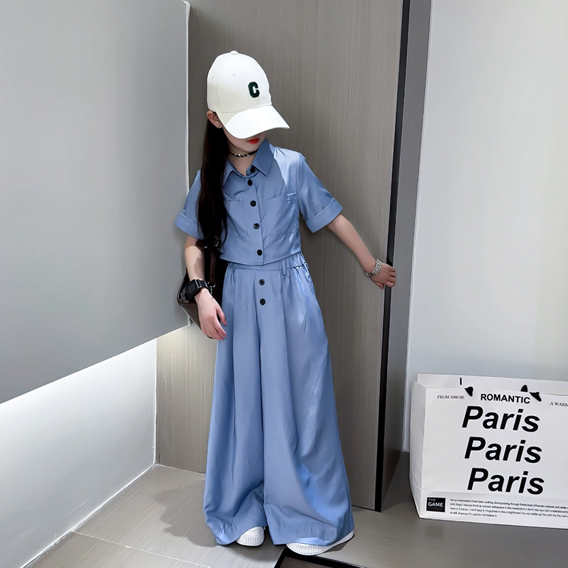 高级感蓝色短袖套装女童2025新款夏季显瘦上衣垂感阔腿裤两件套