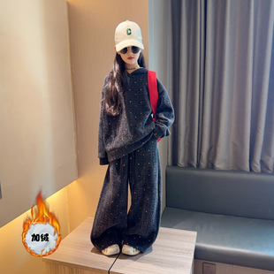 女童加绒套装2025新款儿童年货冬装加厚连帽外套阔腿裤一整套穿搭