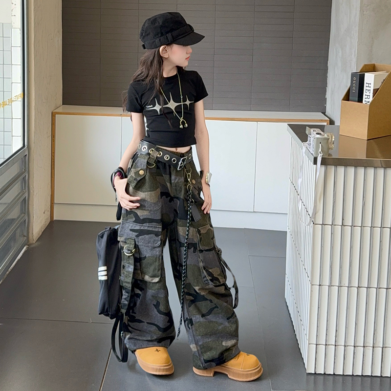 女童美式街头复古嘻哈潮牌迷彩工装裤2025夏季新款爵士舞长裤子