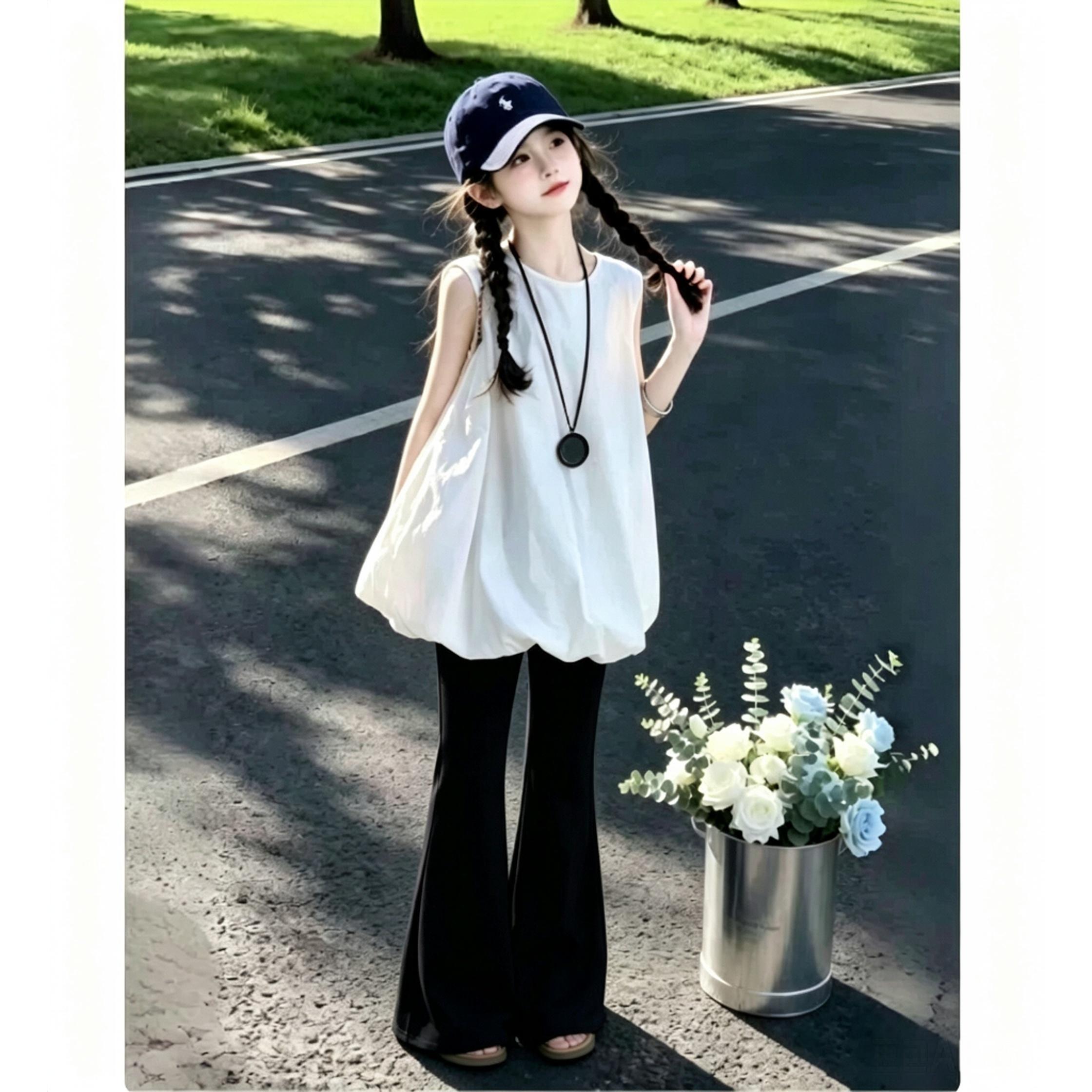 女童夏套装2026新款儿童夏季薄款无袖花苞上衣女大童独特漂亮衣服