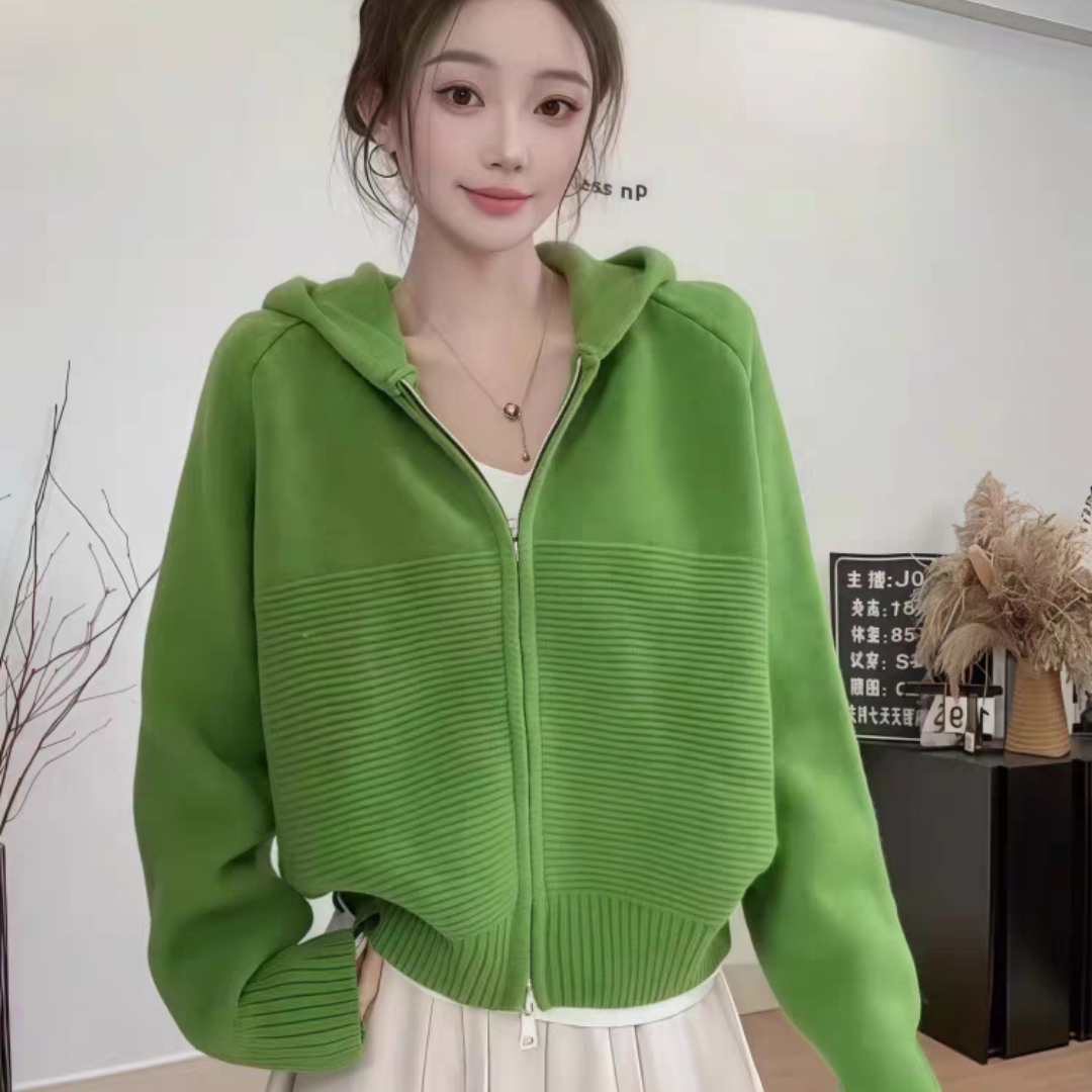 双拉链连帽毛衣开衫外套女秋冬软软宽松慵懒加厚短款针织上衣