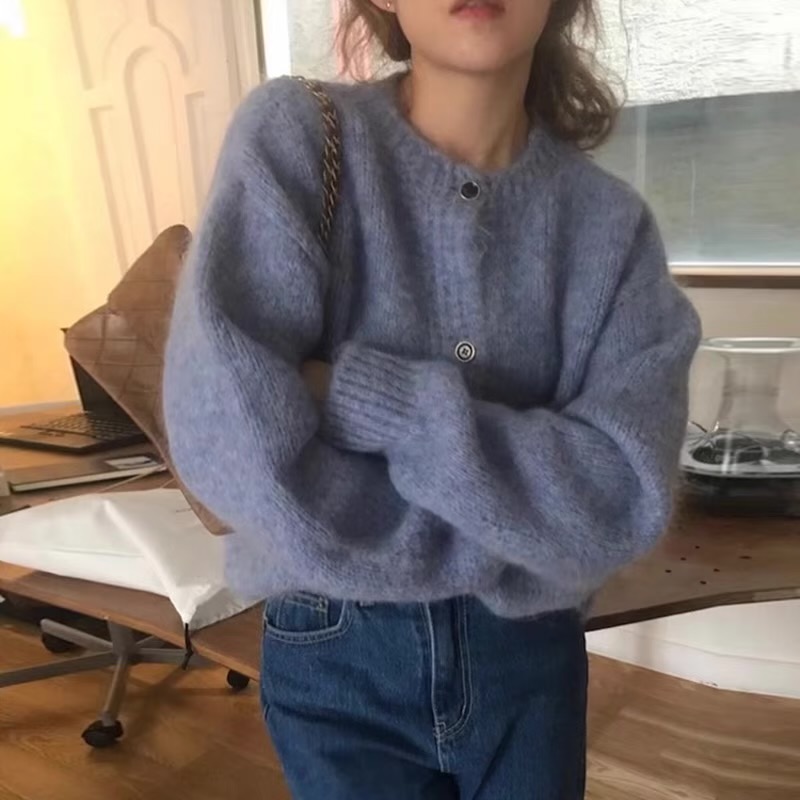 韩代秋冬新款毛衣女蓝紫鹅黄色开衫气质长袖针织衫