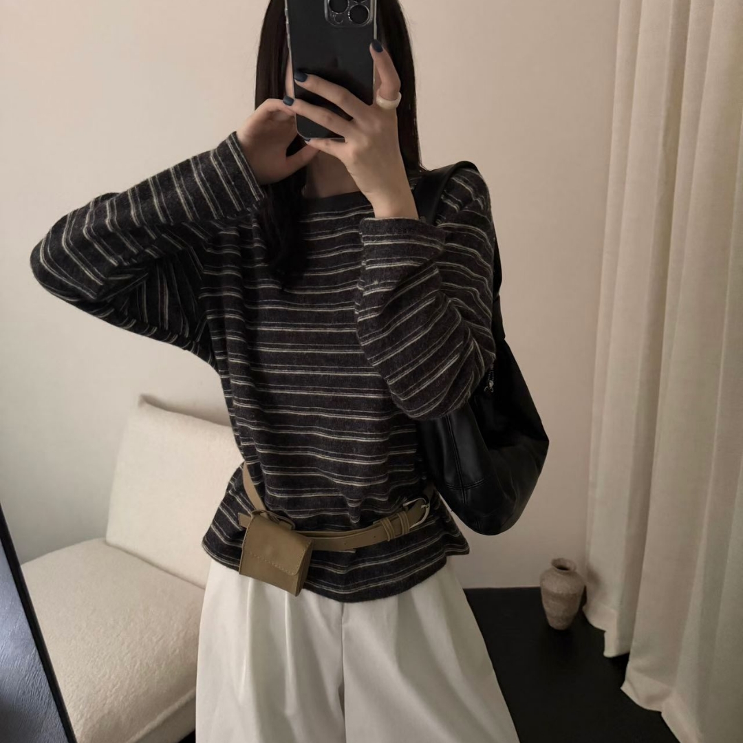 百搭慵懒风宽松软糯复古细条纹毛绒长袖T恤打底衫