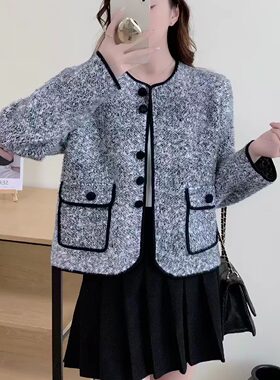 2026秋季新款香风拼色针织外套女韩版显瘦气质短款上衣女毛衣
