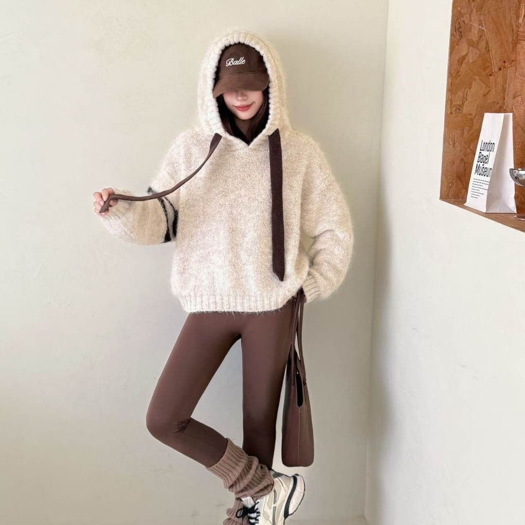 韩系慵懒感软糯简约宽松大版连帽保暖毛衣女毛针加厚针织卫衣