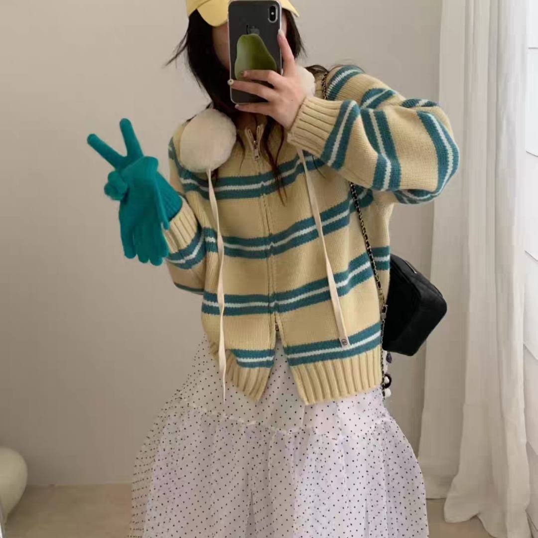 韩系慵懒条纹针织开衫女秋冬新款宽松显瘦百搭毛衣拉链外套短上衣