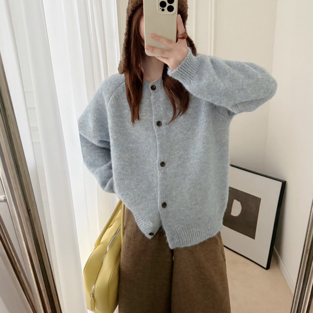 高级感花毛线圆领贴布毛针织开衫女秋冬新款宽松杂色毛衣外套厚