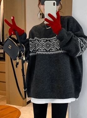 深灰色圆领提花针织毛衣女春季新款宽松慵懒上衣