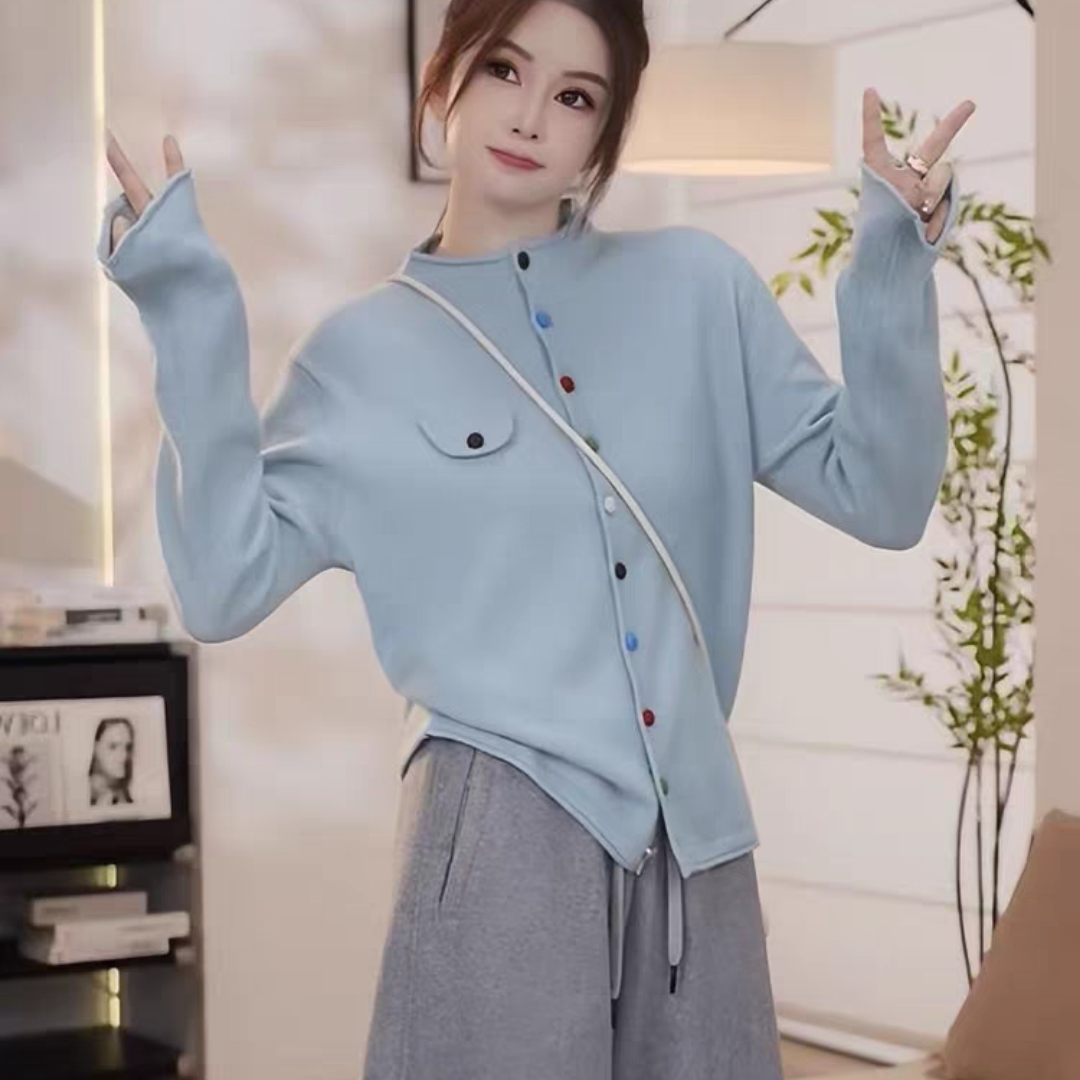 软糯舒适半高领领针织衫女秋冬款彩扣设计感宽松显瘦百搭毛衣外套