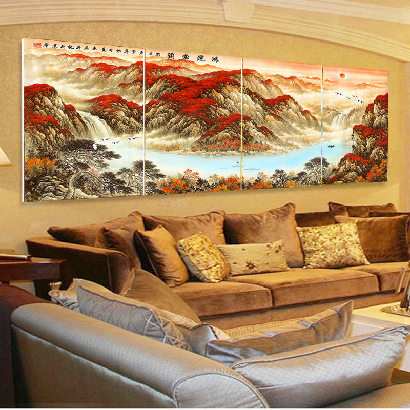 办公室公司背景墙流水壁画红日厅堂装饰画客厅沙发四联画靠山招财