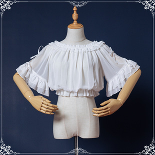 原创lolita内搭短袖可爱蝴蝶结蕾丝一字领洛丽塔甜美内衬雪纺衬衫