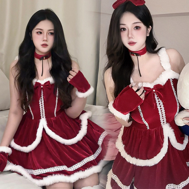 圣诞节服装圣诞兔女郎COS制服连衣裙女红色蝴蝶结氛围感套装