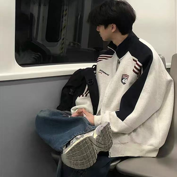 美式撞色拼接运动夹克外套男加绒加厚情侣卫衣痞帅条纹棒球服外套