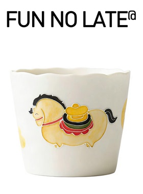 岩矿釉手绘马上有钱咖啡杯 花口主人杯手握杯猪口杯陶瓷拉花杯