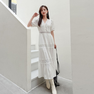 白色短袖 三亚沙滩裙长裙海边度假拍照仙女裙V领连衣裙春夏f832