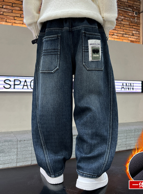 儿童牛仔裤春秋冬新款男童加绒裤子中大童长裤直筒韩版加厚男孩潮