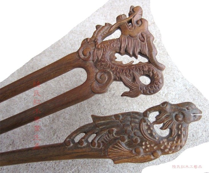 龙凤吉祥 绿檀木双叉龙和典雅凤凰 发簪 生肖龙凤凰【陆氏红木】