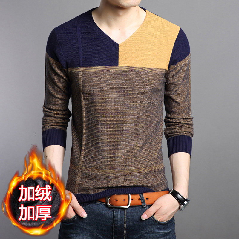 秋冬男士v领毛衣加绒加厚长袖t恤鸡心领打底针织衫男装条纹毛线衣