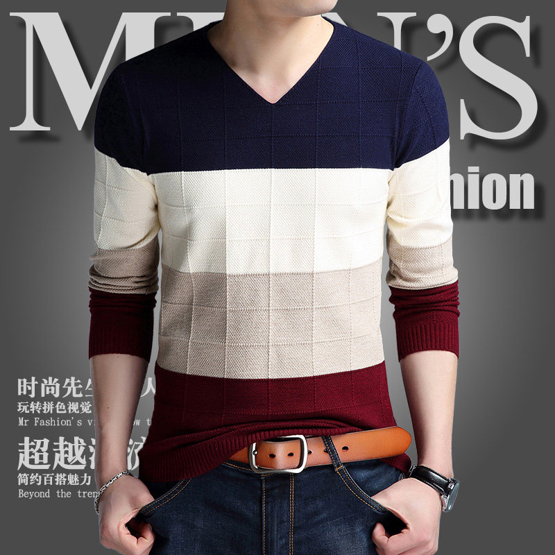 春秋男士长袖t恤V领薄款条纹打底衫修身大码针织衫男弹力贴身毛衣
