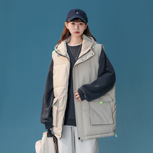 2024冬季中性风新款大口袋连帽可拆卸棉马夹 杏色 MJ13-P75 控108图片