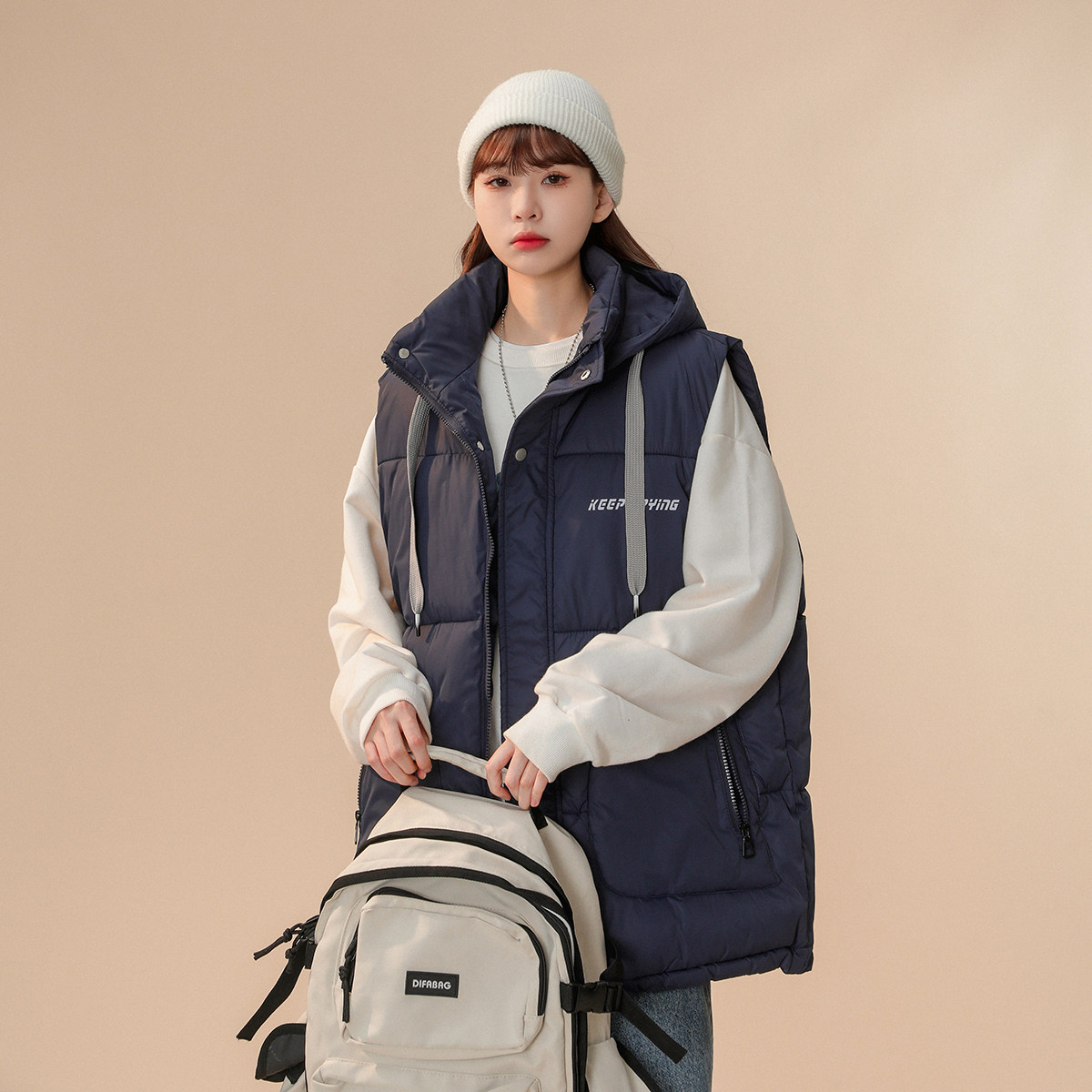 2024冬季中性风新款高品质连帽可拆卸棉马夹蓝色MJ12-P75控108，女装马甲，电商B237