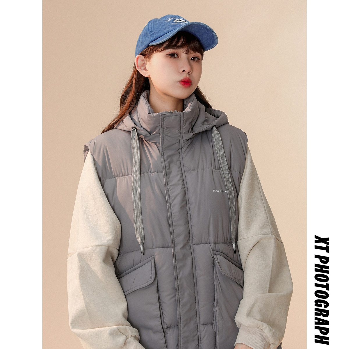 2024冬季中性风新款大口袋连帽可拆卸棉马夹蓝色MJ14-P75控108,女装马甲,电商B237