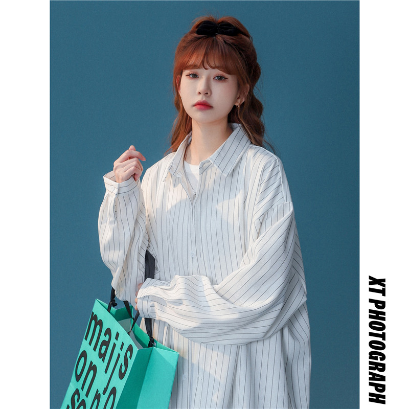 2023高品质中性风秋季韩版宽松条纹长袖衬衫潮白色C40-P40控58，男装衬衫，电商B237