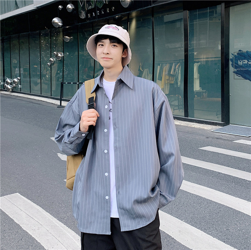 2023港风春季男韩版宽松条纹长袖衬衫潮 灰色 C40-P40控58元图片