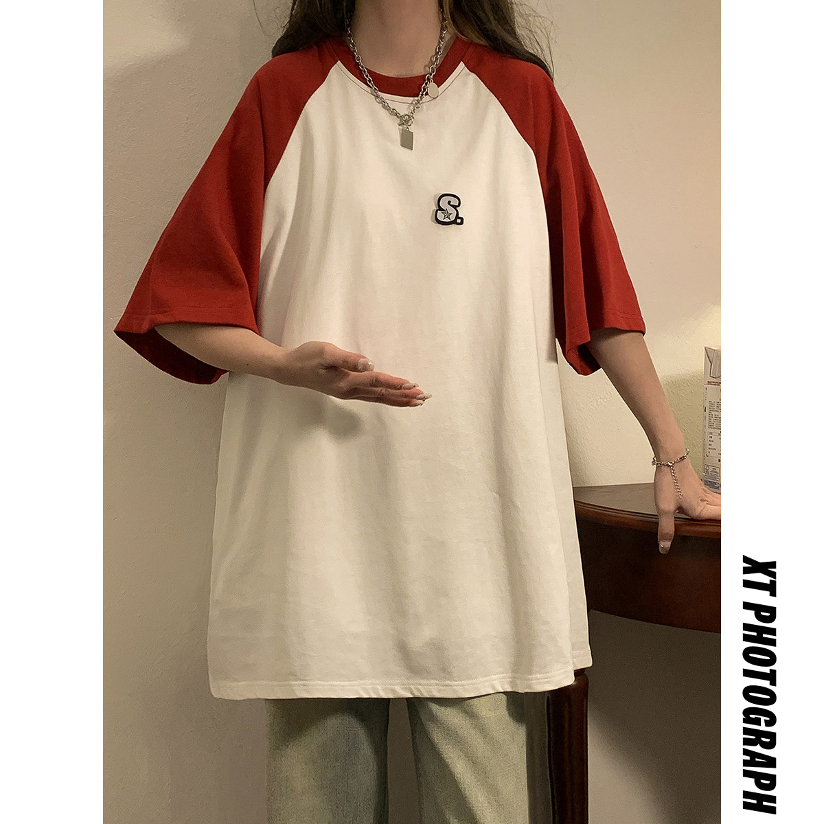 2023女模新款T恤撞色魔术贴纯棉双纱230克黑TX084-P25控39,男装T恤,电商B237