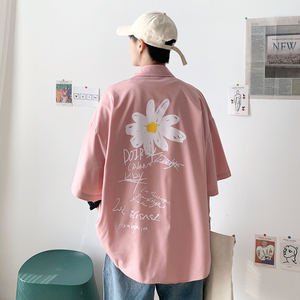 2023港风夏季新款印花短袖衬衫粉色C60-P40,宋茜玫红色搭配图片