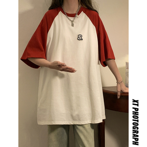 2023女模新款T恤撞色魔术贴纯棉双纱230克大板 红 TX084-P25 控39图片