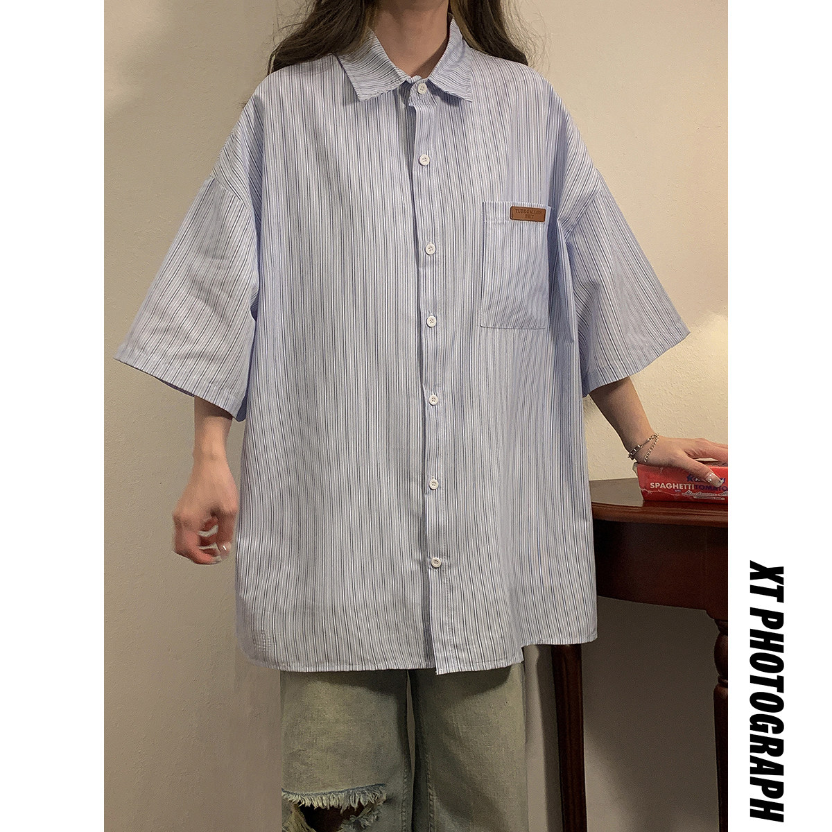 2023女模夏季新款男士宽松条纹衬衫蓝色CC034-P45控68，男装衬衫，电商B237